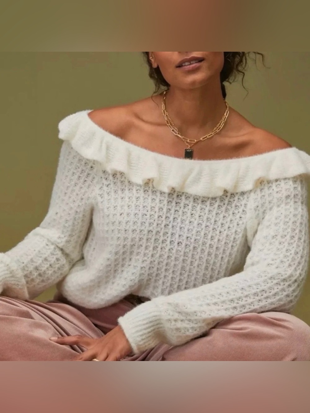 Anthropologie Knit Ruffle Boat Neck Off Shoulder Cream Sweater, Sz S
